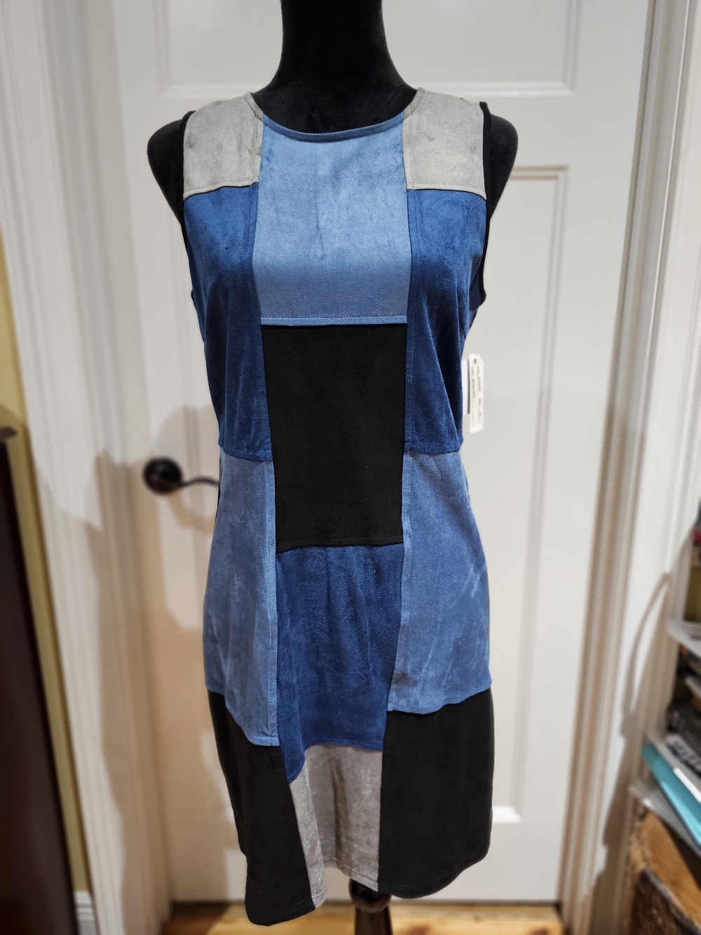 Spense Blue, Gray and Black Faux Suede Patchwork Dress, NWT